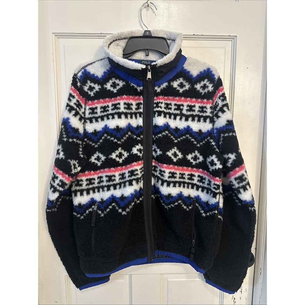 POLO RALPH LAUREN Women's Aztec Blue Sherpa Jacket Size Large Aztec Blk Full Zip